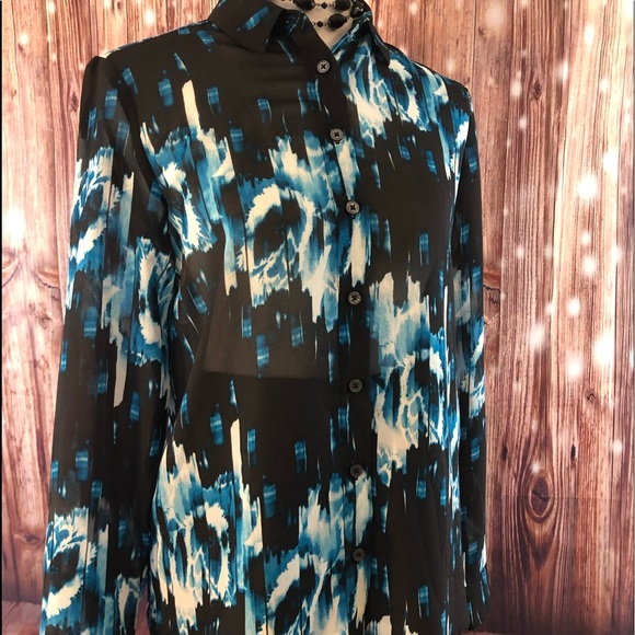 Derek Lam Tops - Derek Lam Black Blue Sheer Button Down Shirt Sz S